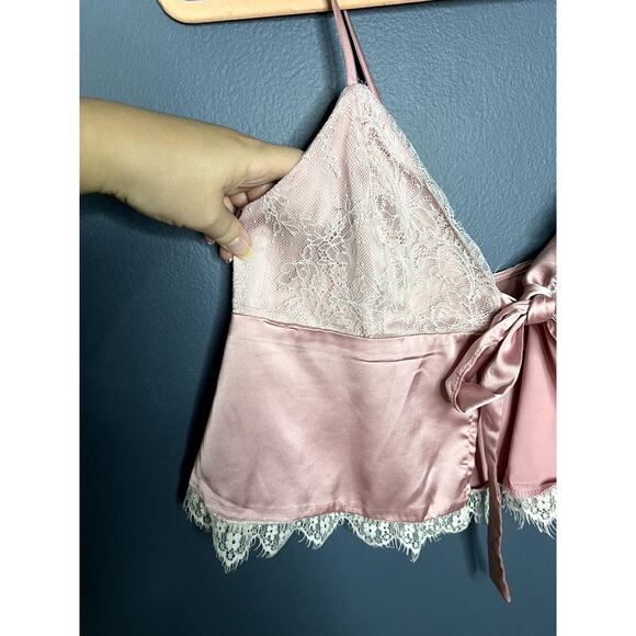 Pink Crop Top Women's Size Large/XL Coquette Preppy Girly Girl Tie Front Silky - Picture 6 of 8